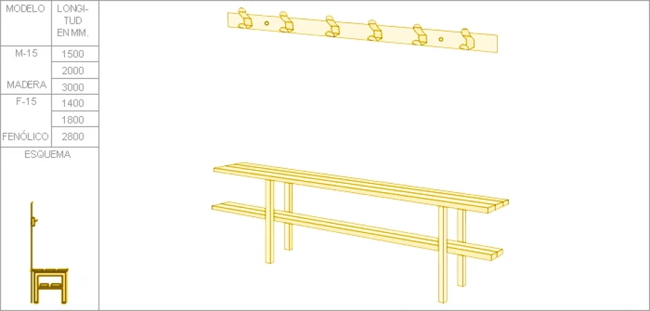 B15. Banco simple y perchero pared 